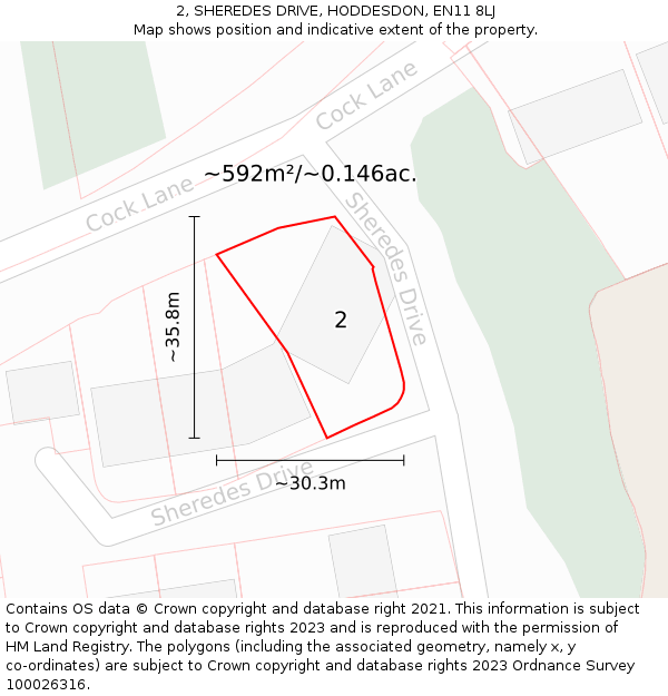 2, SHEREDES DRIVE, HODDESDON, EN11 8LJ: Plot and title map