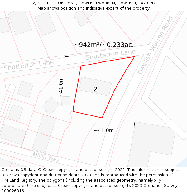 2, SHUTTERTON LANE, DAWLISH WARREN, DAWLISH, EX7 0PD: Plot and title map