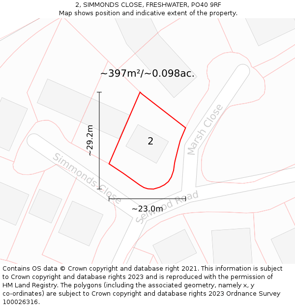 2, SIMMONDS CLOSE, FRESHWATER, PO40 9RF: Plot and title map