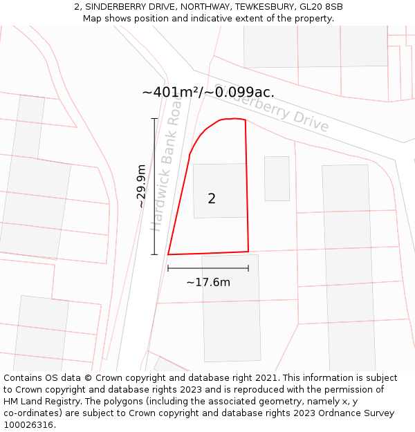 2, SINDERBERRY DRIVE, NORTHWAY, TEWKESBURY, GL20 8SB: Plot and title map