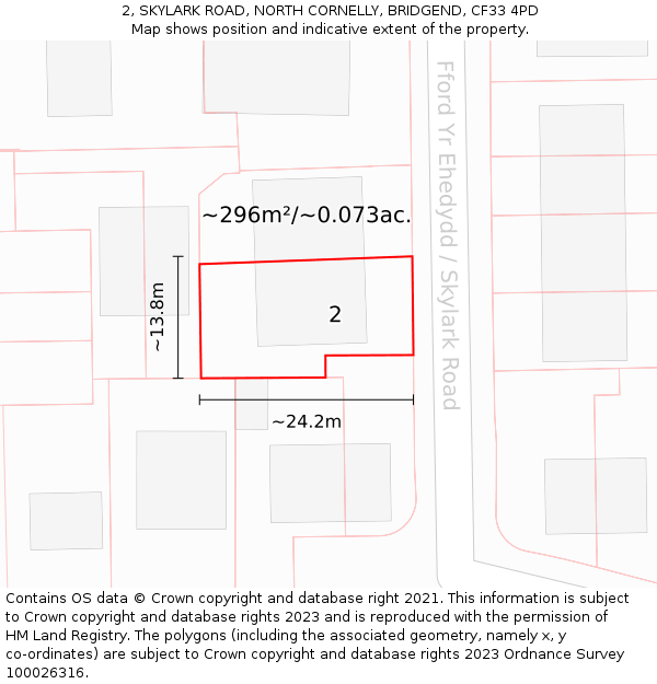 2, SKYLARK ROAD, NORTH CORNELLY, BRIDGEND, CF33 4PD: Plot and title map