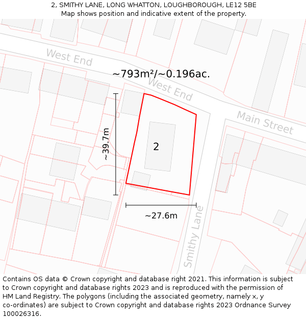 2, SMITHY LANE, LONG WHATTON, LOUGHBOROUGH, LE12 5BE: Plot and title map