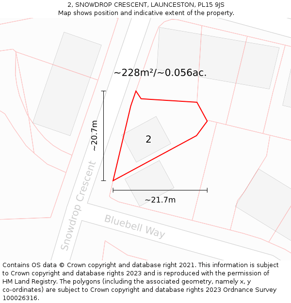 2, SNOWDROP CRESCENT, LAUNCESTON, PL15 9JS: Plot and title map