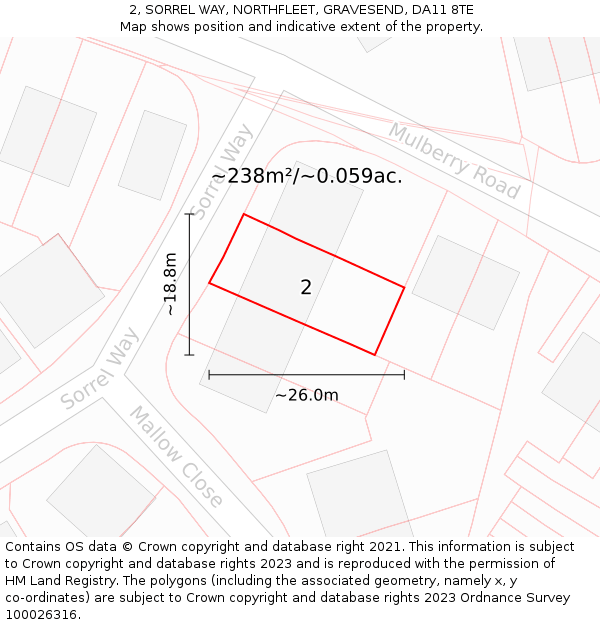 2, SORREL WAY, NORTHFLEET, GRAVESEND, DA11 8TE: Plot and title map