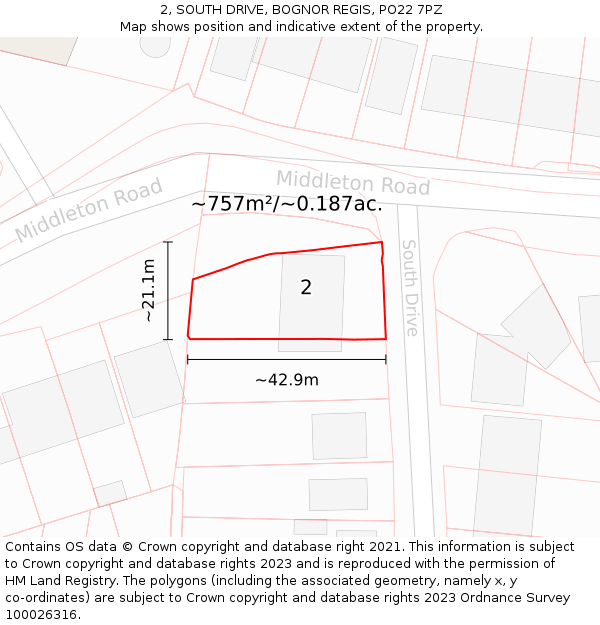 2, SOUTH DRIVE, BOGNOR REGIS, PO22 7PZ: Plot and title map