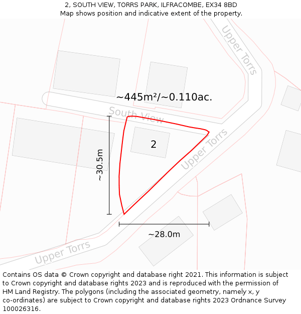 2, SOUTH VIEW, TORRS PARK, ILFRACOMBE, EX34 8BD: Plot and title map