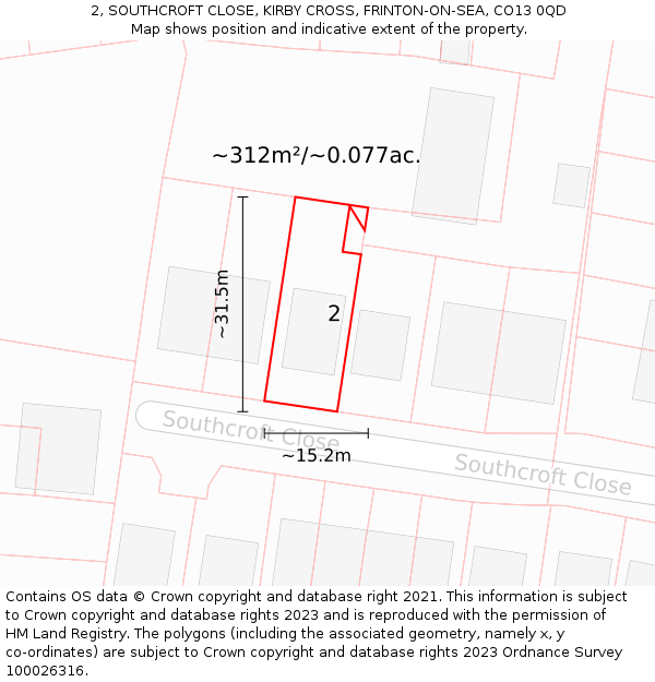 2, SOUTHCROFT CLOSE, KIRBY CROSS, FRINTON-ON-SEA, CO13 0QD: Plot and title map
