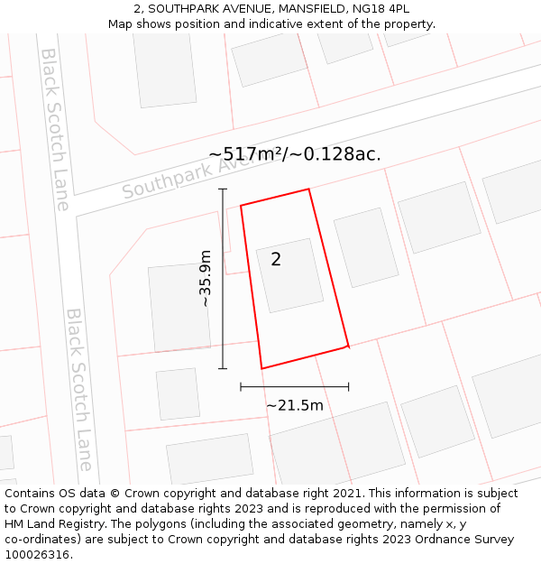 2, SOUTHPARK AVENUE, MANSFIELD, NG18 4PL: Plot and title map