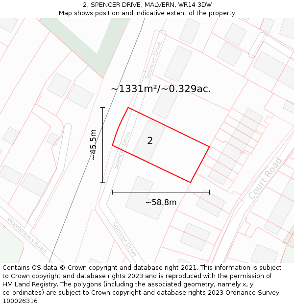 2, SPENCER DRIVE, MALVERN, WR14 3DW: Plot and title map