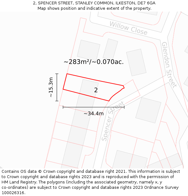 2, SPENCER STREET, STANLEY COMMON, ILKESTON, DE7 6GA: Plot and title map