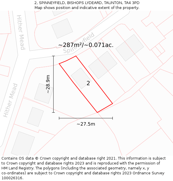 2, SPINNEYFIELD, BISHOPS LYDEARD, TAUNTON, TA4 3PD: Plot and title map