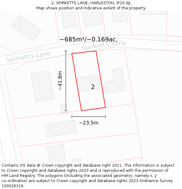 2, SPIRKETTS LANE, HARLESTON, IP20 9JL: Plot and title map