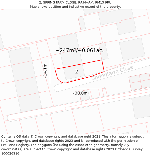 2, SPRING FARM CLOSE, RAINHAM, RM13 9RU: Plot and title map