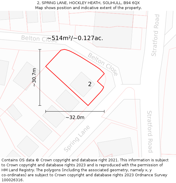 2, SPRING LANE, HOCKLEY HEATH, SOLIHULL, B94 6QX: Plot and title map