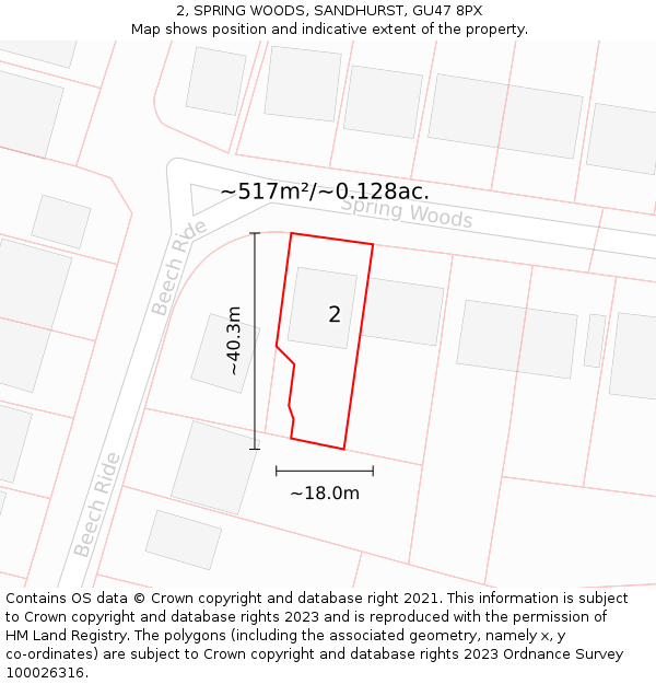 2, SPRING WOODS, SANDHURST, GU47 8PX: Plot and title map