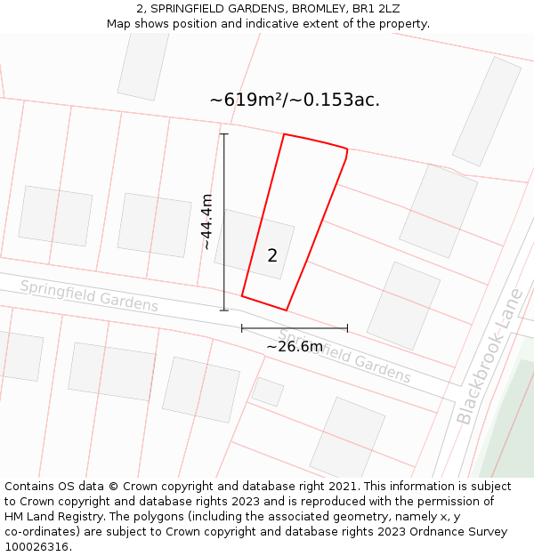 2, SPRINGFIELD GARDENS, BROMLEY, BR1 2LZ: Plot and title map
