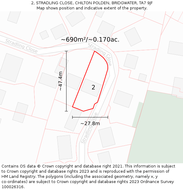 2, STRADLING CLOSE, CHILTON POLDEN, BRIDGWATER, TA7 9JF: Plot and title map