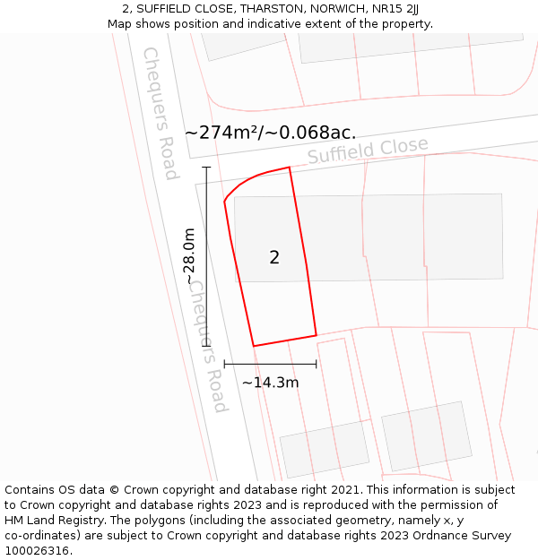 2, SUFFIELD CLOSE, THARSTON, NORWICH, NR15 2JJ: Plot and title map