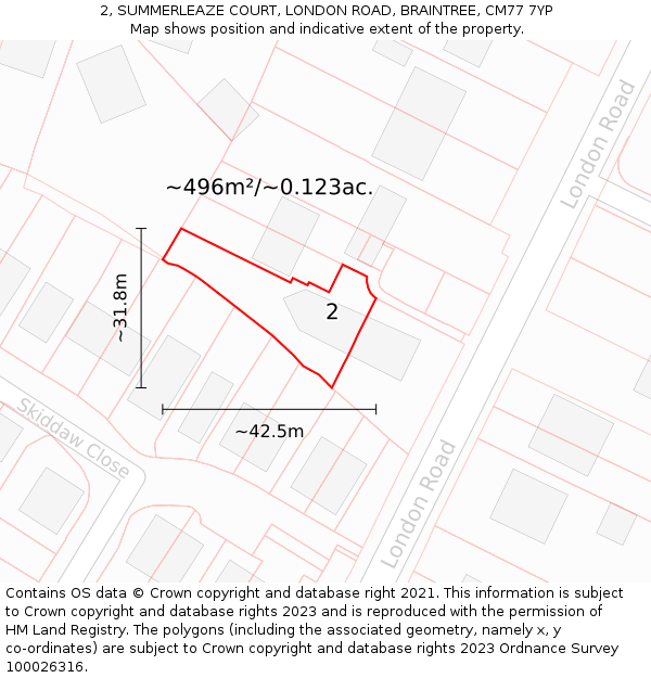 2, SUMMERLEAZE COURT, LONDON ROAD, BRAINTREE, CM77 7YP: Plot and title map