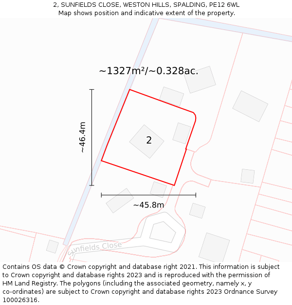 2, SUNFIELDS CLOSE, WESTON HILLS, SPALDING, PE12 6WL: Plot and title map