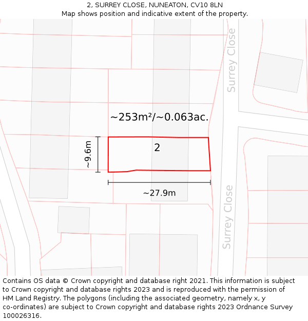 2, SURREY CLOSE, NUNEATON, CV10 8LN: Plot and title map