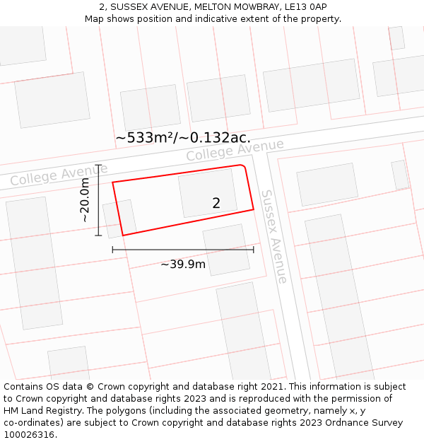 2, SUSSEX AVENUE, MELTON MOWBRAY, LE13 0AP: Plot and title map