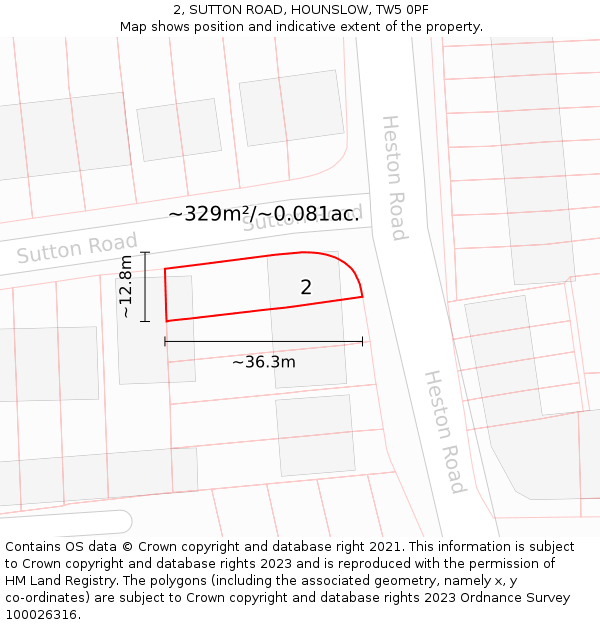 2, SUTTON ROAD, HOUNSLOW, TW5 0PF: Plot and title map