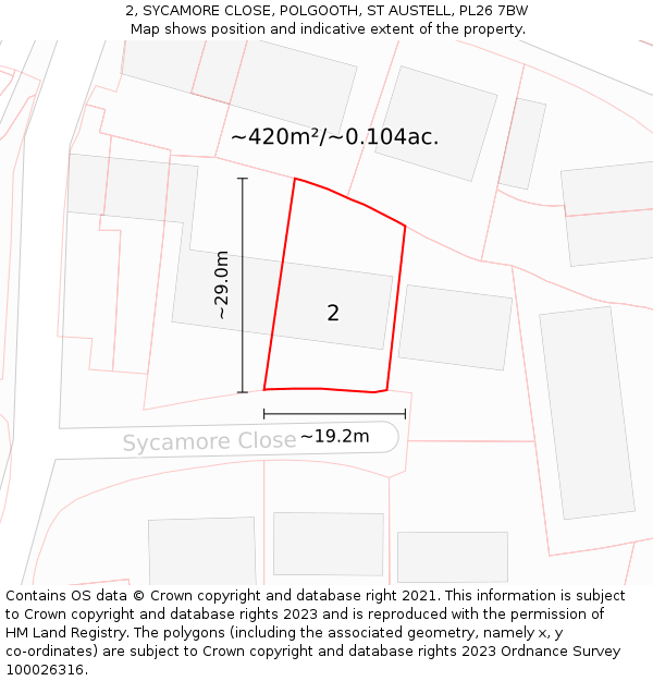 2, SYCAMORE CLOSE, POLGOOTH, ST AUSTELL, PL26 7BW: Plot and title map