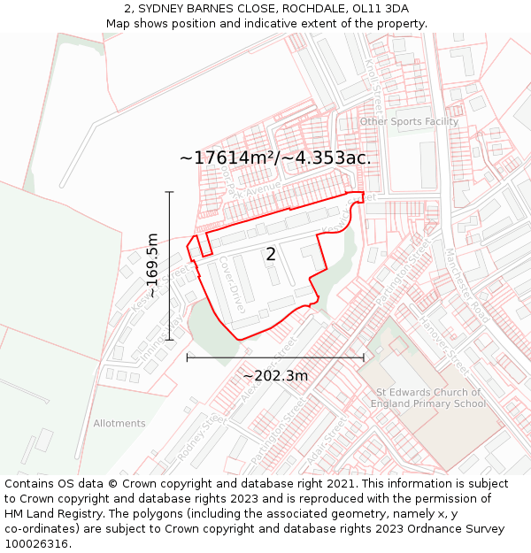 2, SYDNEY BARNES CLOSE, ROCHDALE, OL11 3DA: Plot and title map