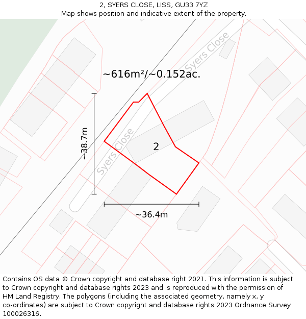 2, SYERS CLOSE, LISS, GU33 7YZ: Plot and title map