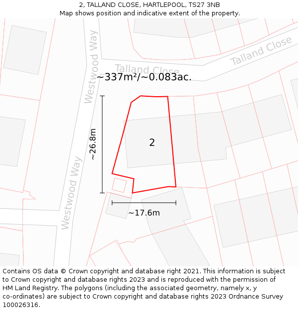2, TALLAND CLOSE, HARTLEPOOL, TS27 3NB: Plot and title map