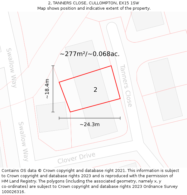 2, TANNERS CLOSE, CULLOMPTON, EX15 1SW: Plot and title map