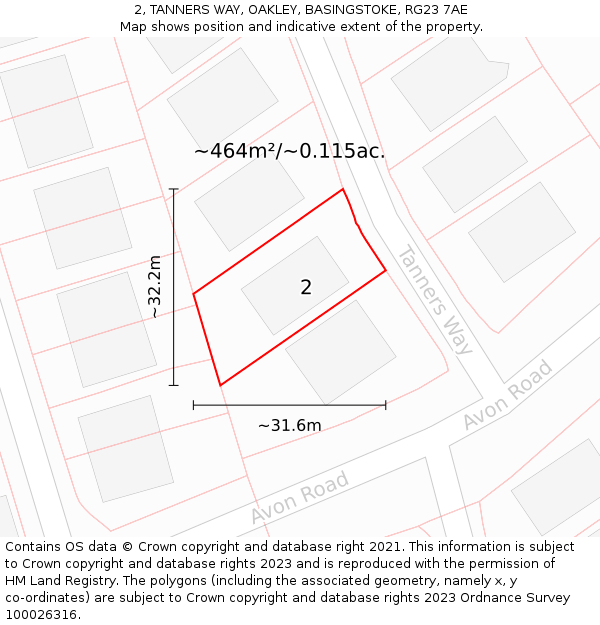 2, TANNERS WAY, OAKLEY, BASINGSTOKE, RG23 7AE: Plot and title map