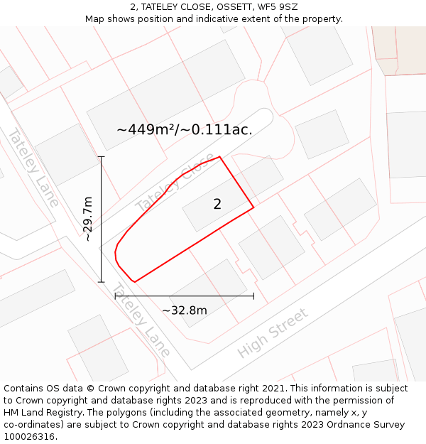 2, TATELEY CLOSE, OSSETT, WF5 9SZ: Plot and title map