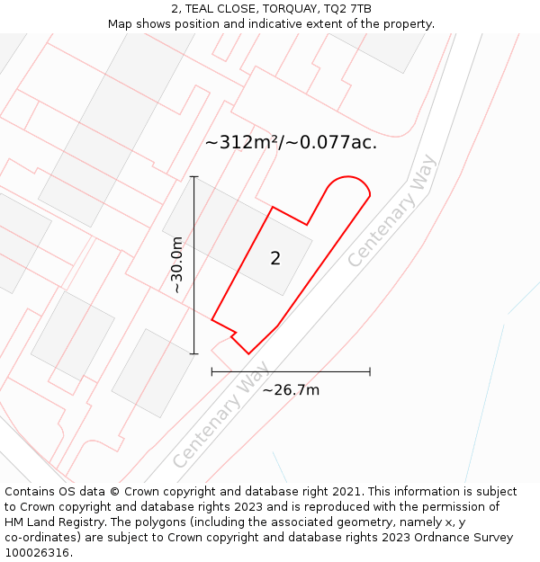 2, TEAL CLOSE, TORQUAY, TQ2 7TB: Plot and title map