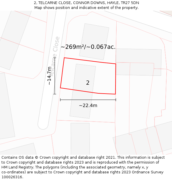 2, TELCARNE CLOSE, CONNOR DOWNS, HAYLE, TR27 5DN: Plot and title map
