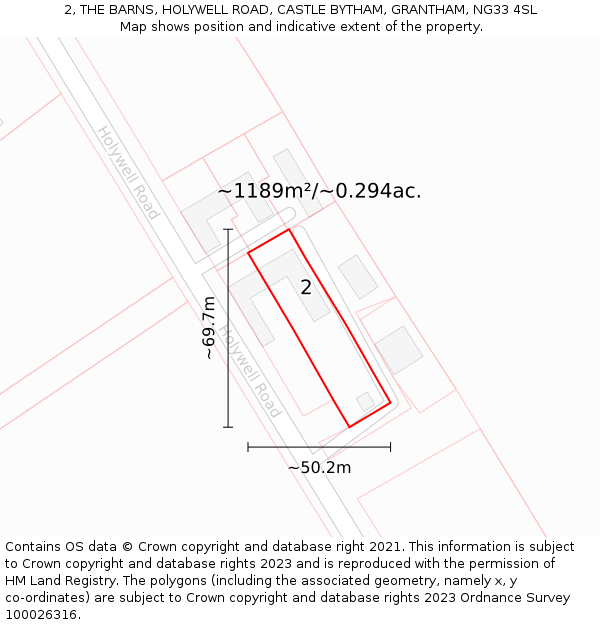 2, THE BARNS, HOLYWELL ROAD, CASTLE BYTHAM, GRANTHAM, NG33 4SL: Plot and title map