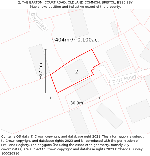 2, THE BARTON, COURT ROAD, OLDLAND COMMON, BRISTOL, BS30 9SY: Plot and title map