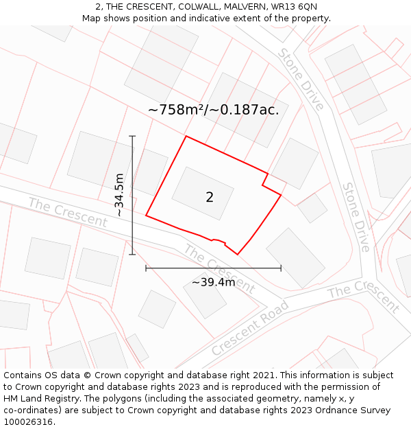 2, THE CRESCENT, COLWALL, MALVERN, WR13 6QN: Plot and title map