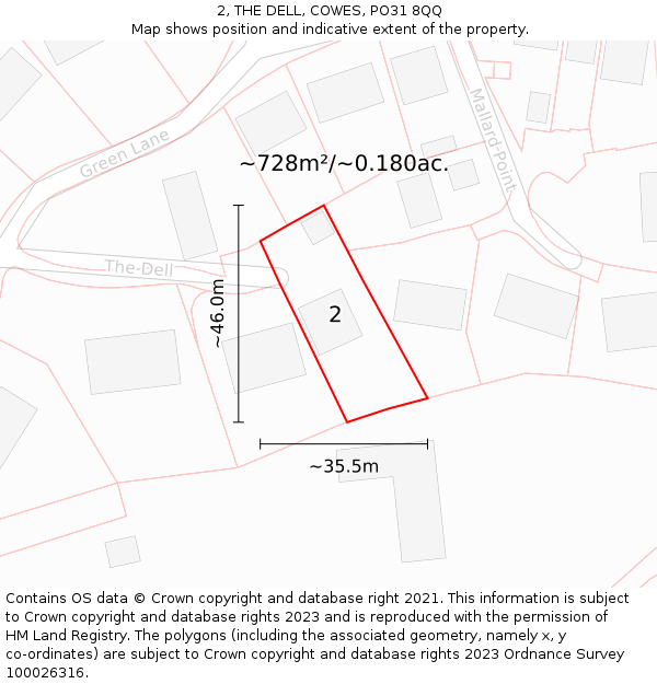 2, THE DELL, COWES, PO31 8QQ: Plot and title map