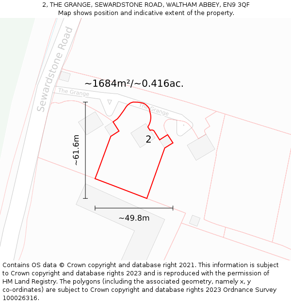 2, THE GRANGE, SEWARDSTONE ROAD, WALTHAM ABBEY, EN9 3QF: Plot and title map