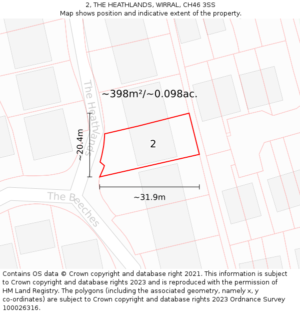 2, THE HEATHLANDS, WIRRAL, CH46 3SS: Plot and title map