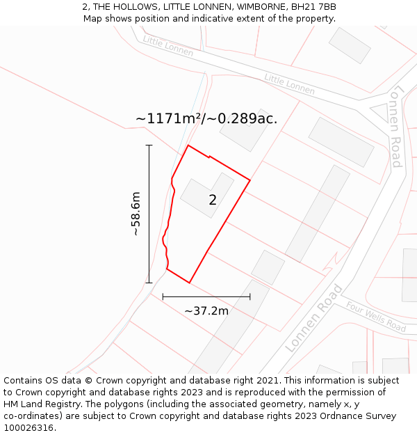 2, THE HOLLOWS, LITTLE LONNEN, WIMBORNE, BH21 7BB: Plot and title map