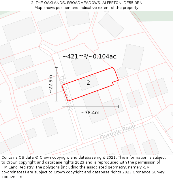 2, THE OAKLANDS, BROADMEADOWS, ALFRETON, DE55 3BN: Plot and title map