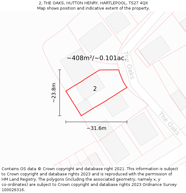 2, THE OAKS, HUTTON HENRY, HARTLEPOOL, TS27 4QX: Plot and title map