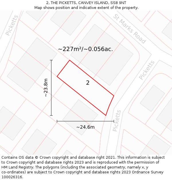 2, THE PICKETTS, CANVEY ISLAND, SS8 9NT: Plot and title map