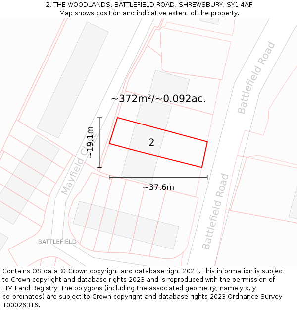 2, THE WOODLANDS, BATTLEFIELD ROAD, SHREWSBURY, SY1 4AF: Plot and title map