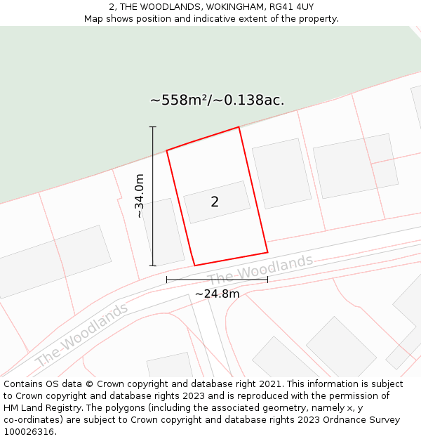 2, THE WOODLANDS, WOKINGHAM, RG41 4UY: Plot and title map