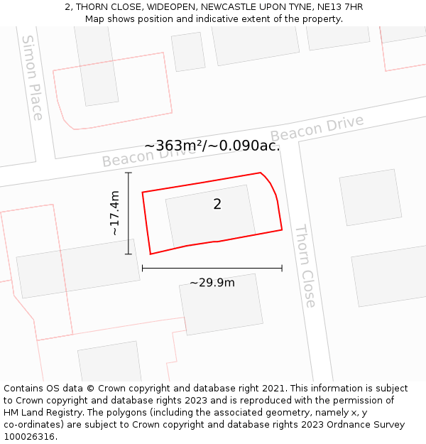 2, THORN CLOSE, WIDEOPEN, NEWCASTLE UPON TYNE, NE13 7HR: Plot and title map