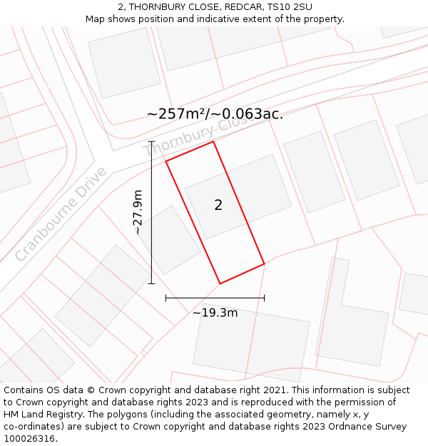 2, THORNBURY CLOSE, REDCAR, TS10 2SU: Plot and title map